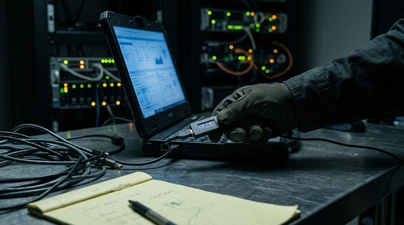A close-up of a gloved hand plugging a hardware wallet into a laptop in a dimly lit room, the cold blue glow of the screen reflecting off a steel desk scattered with ethernet cables and a