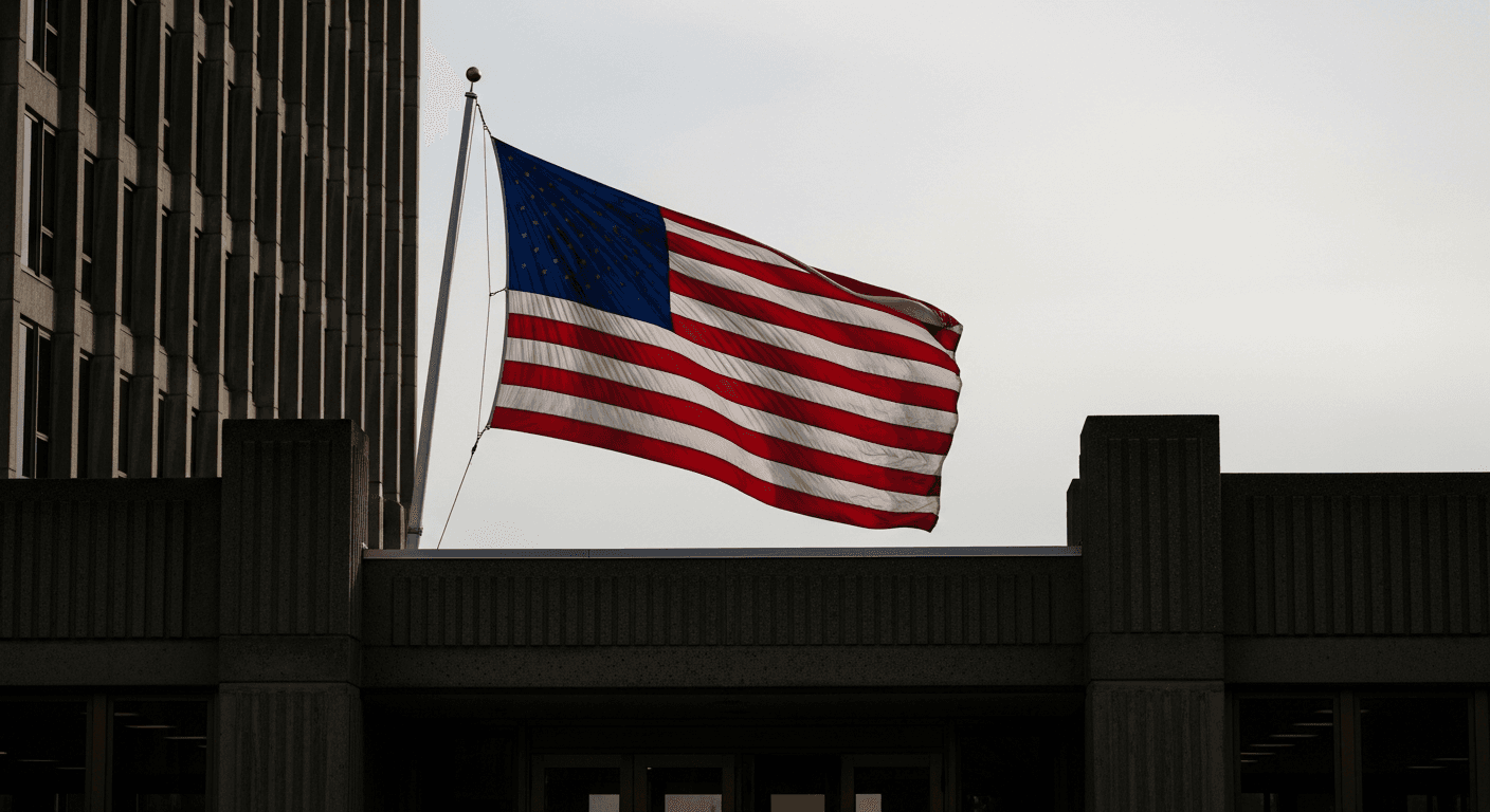 A weathered American flag hangs in soft morning light above the entrance of a brutalist concrete government building, its fabric rippling slightly in the wind against a pale grey sky.