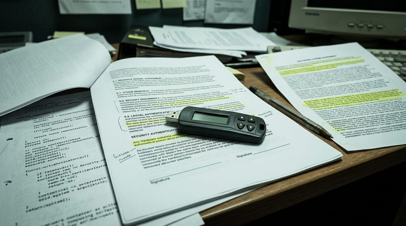 A hardware security device with a small screen and physical buttons sits on an open legal document covered in dense text, photographed under harsh overhead fluorescent light on a cluttered