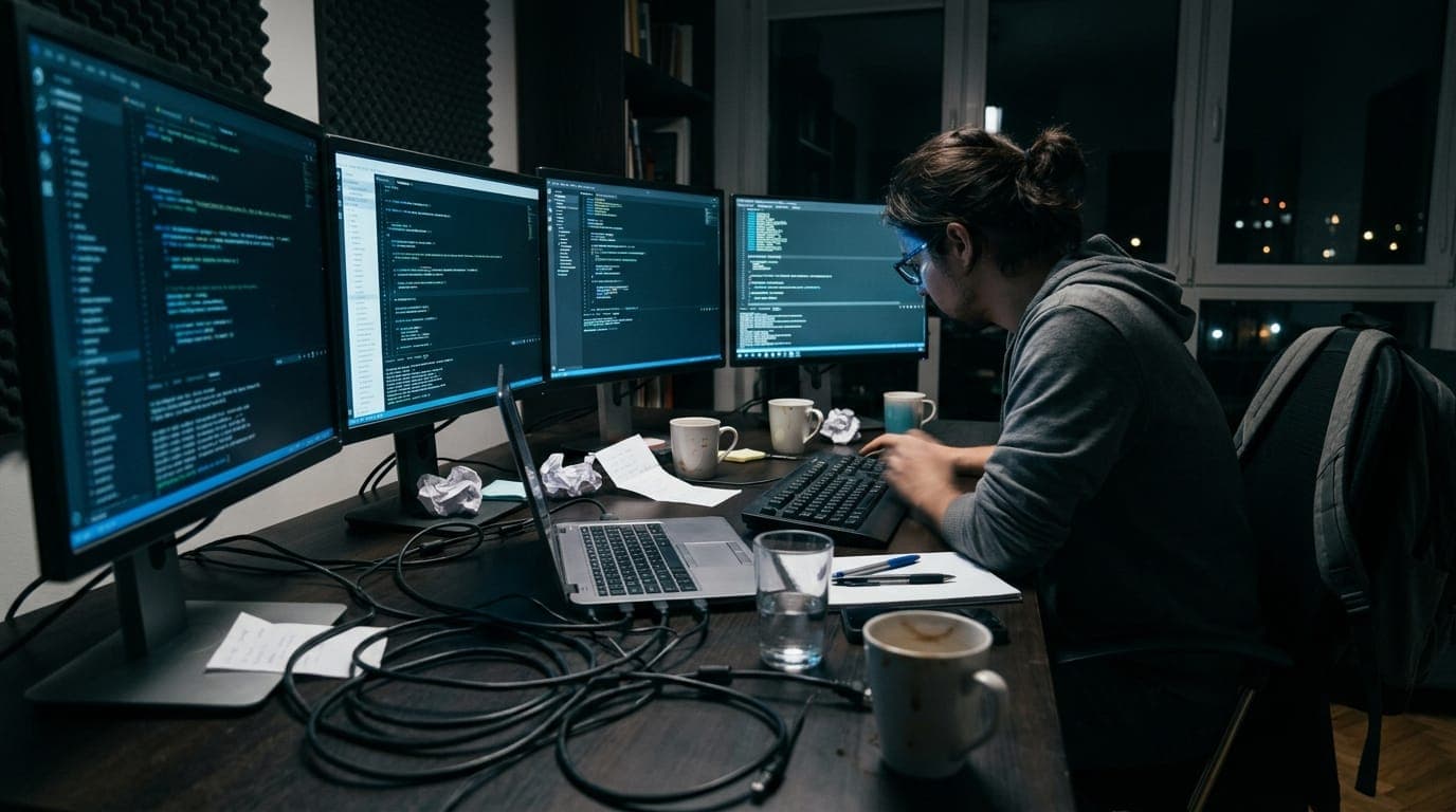 A developer's cluttered workstation bathed in the cold blue glow of multiple monitors displaying cascading lines of code, with empty coffee cups, crumpled sticky notes, and tangled ethernet