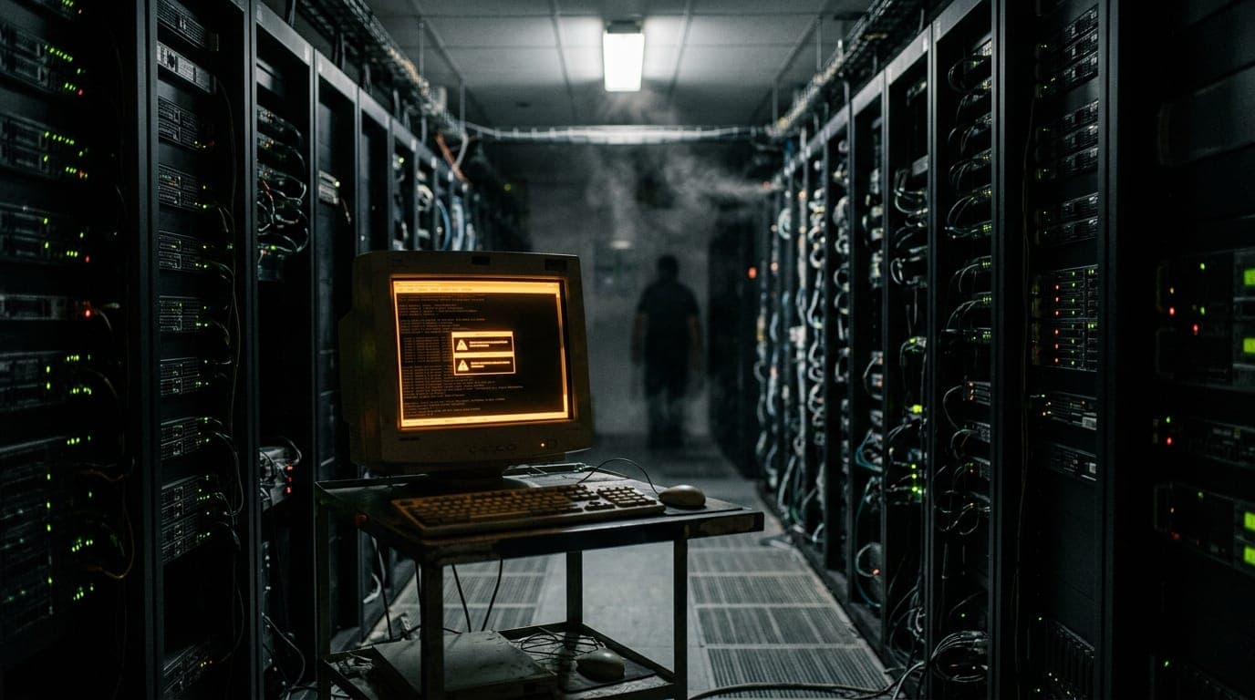 A lone computer terminal glows with amber warning indicators in a dimly lit server room, rows of blinking rack-mounted hardware stretching into the background, cooling fans casting a faint