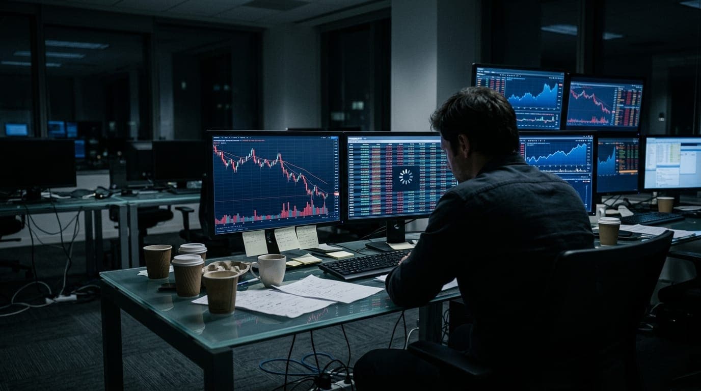 A trader's multiple monitors glow blue and red in a darkened office at night, reflecting off a glass desk scattered with empty coffee cups and handwritten notes, as one screen displays a