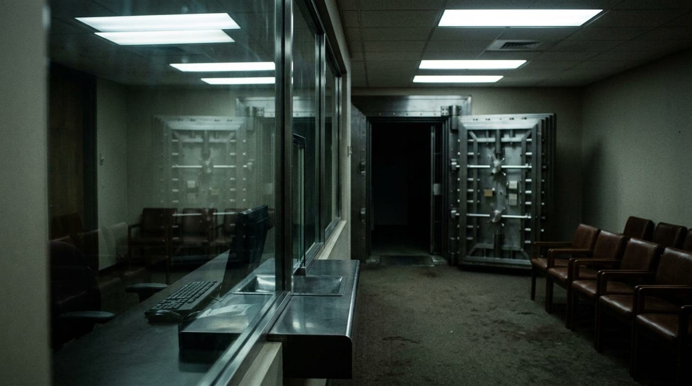 A teller's glass partition at an empty bank branch reflects harsh fluorescent ceiling lights onto rows of vacant leather chairs, while a lone open vault door looms in the background, its