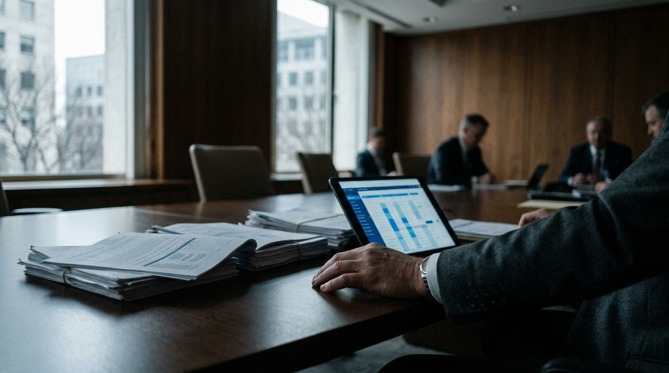 A central banker's hand rests on a polished conference table beside a sleek tablet displaying a glowing blue digital ledger grid, the soft morning light from tall floor-to-ceiling windows