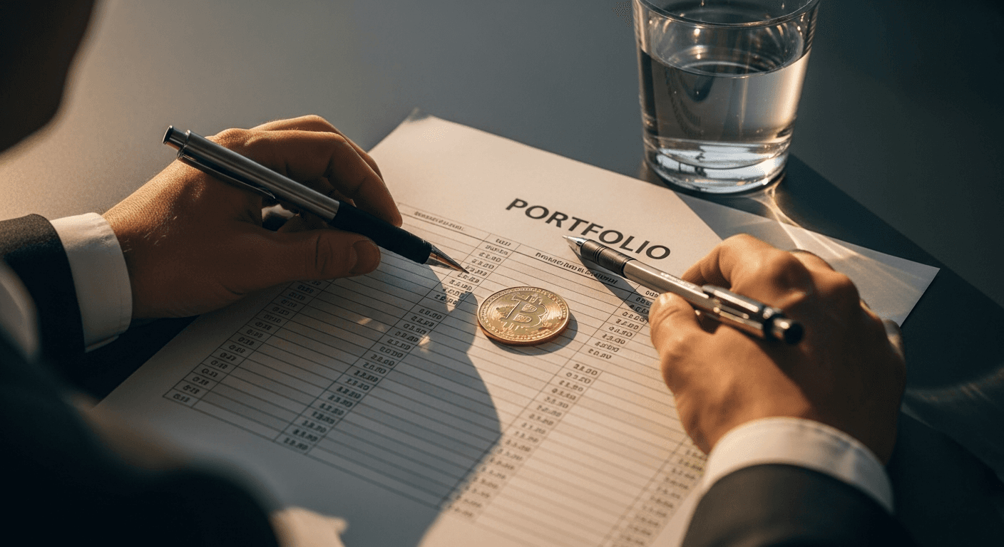 A financial advisor's desk photographed from above in warm late-afternoon office light, showing a printed portfolio spreadsheet with a small physical gold-colored bitcoin coin resting on top