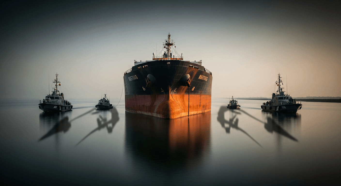 A rusting oil tanker sits motionless in flat, haze-blurred water at dusk, its hull streaked with orange corrosion, flanked by two small military patrol boats casting long shadows across the