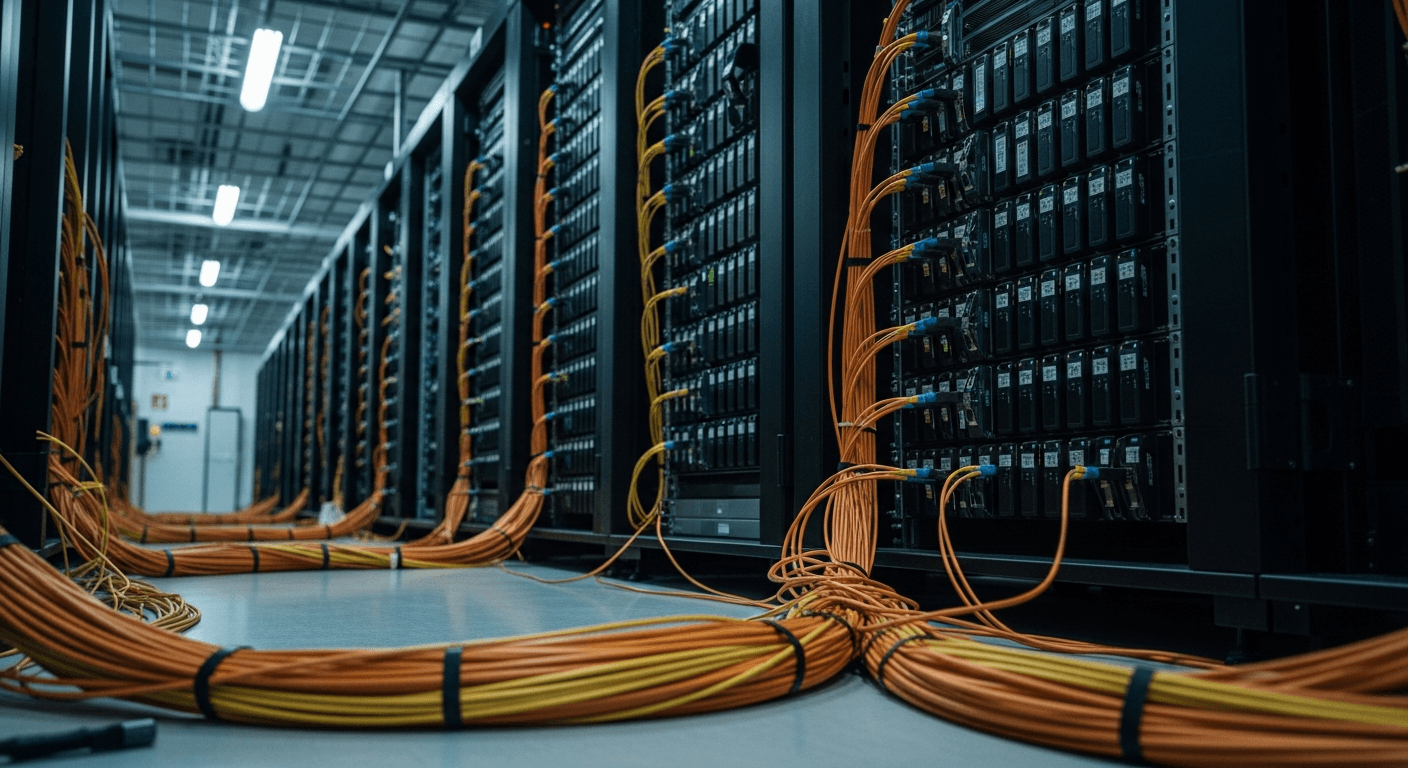 A dense forest of black fiber-optic transceiver modules fills rows of industrial server rack shelves under the cool blue-white glow of fluorescent overhead lighting in a cavernous data