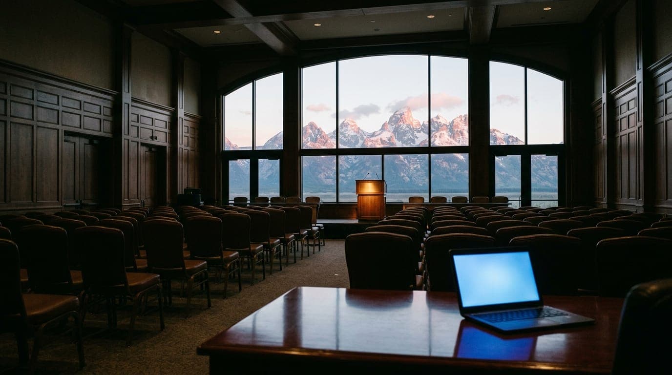 A wide-angle shot of the grand wood-paneled interior of a mountain conference hall captures rows of empty leather chairs facing a podium bathed in warm overhead spotlight, while through a