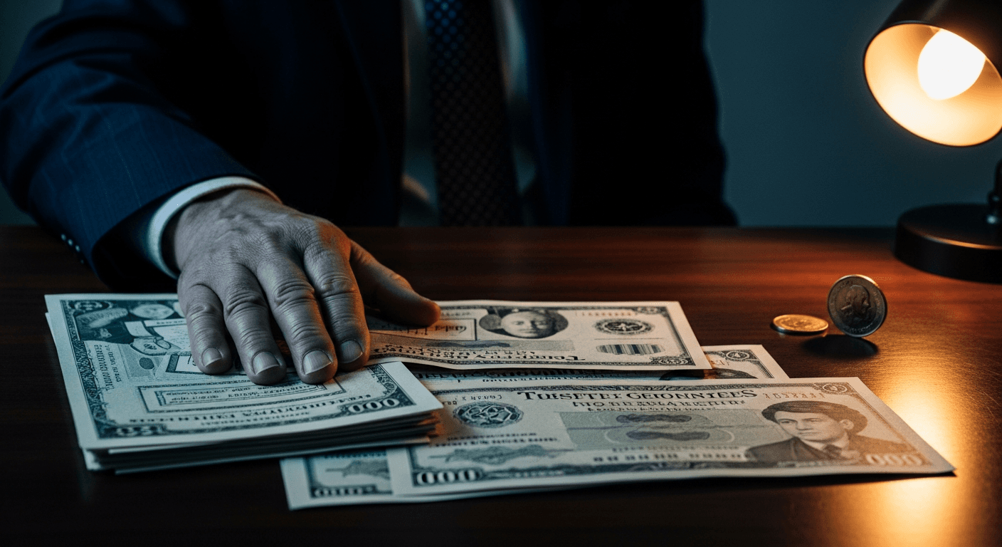 A weathered trader's hand rests on a stack of crisp government bond certificates spread across a dark mahogany desk, bathed in the cold blue light of predawn Tokyo, while a single gold coin