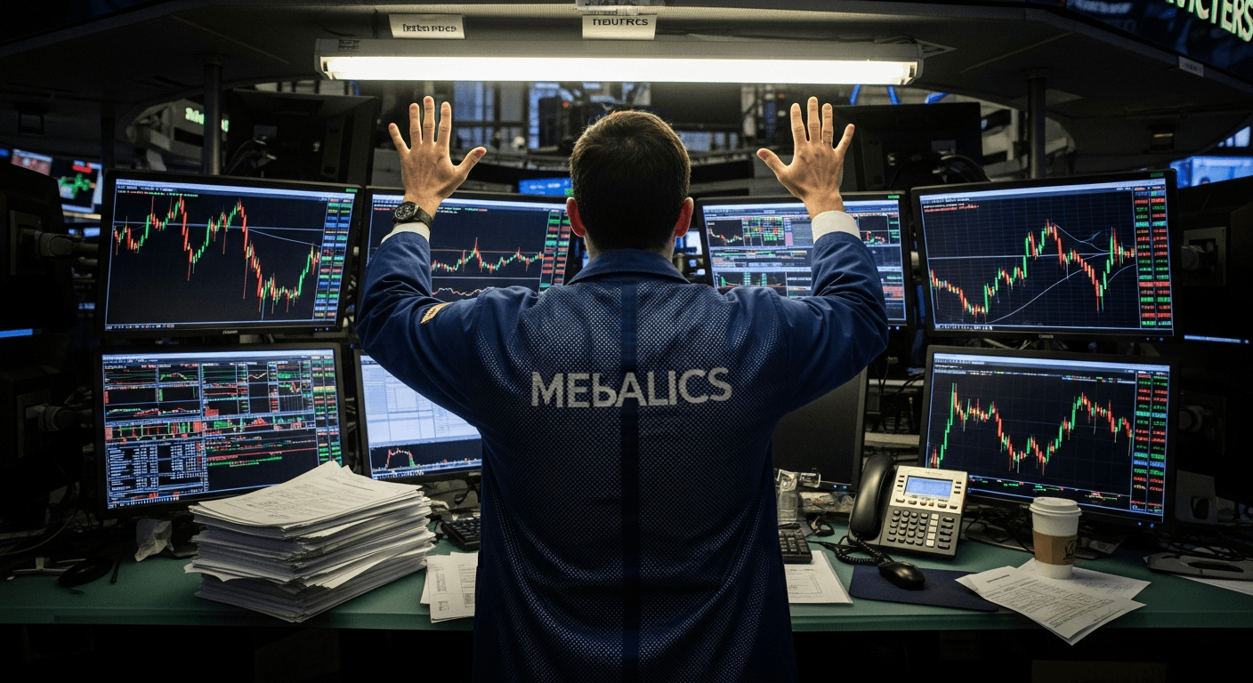 A trader on a bustling exchange floor stands with his back to camera, hands raised over a cluttered desk of glowing monitors displaying orange candlestick charts, dramatic overhead