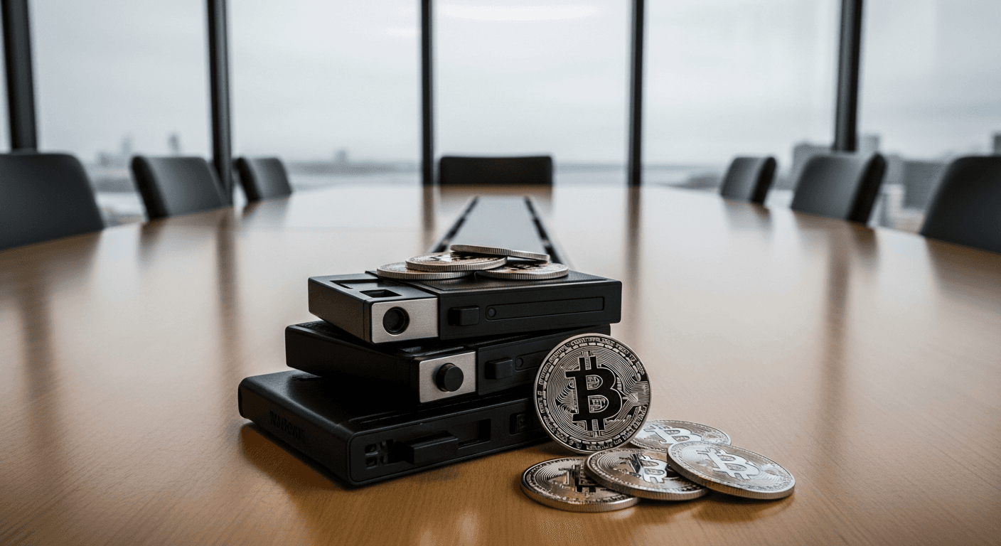 A sleek stack of cold-storage hardware wallets and matte-black metal Bitcoin coins rests on a polished birchwood boardroom table in Stockholm, illuminated by cool Nordic winter light pouring