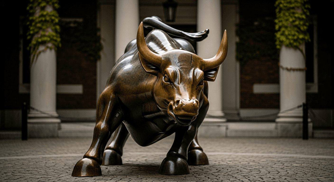 A weathered bronze bull sculpture catches warm afternoon light on a granite plaza, its polished horns gleaming against a soft-focus backdrop of classical stone columns and ivy-covered brick