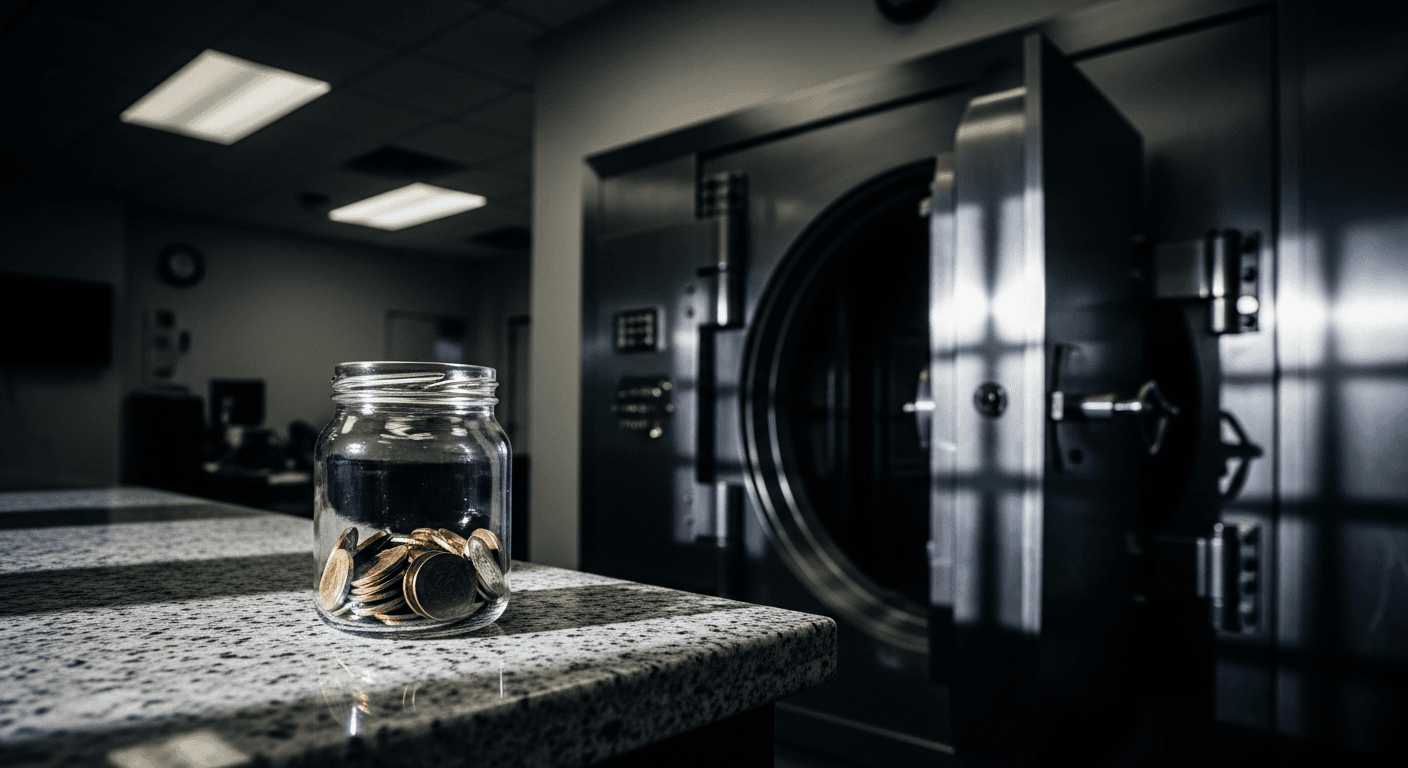 A small glass jar containing a handful of gold coins sits nearly empty on a polished granite countertop beside a towering steel vault door slightly ajar, the harsh fluorescent light of a