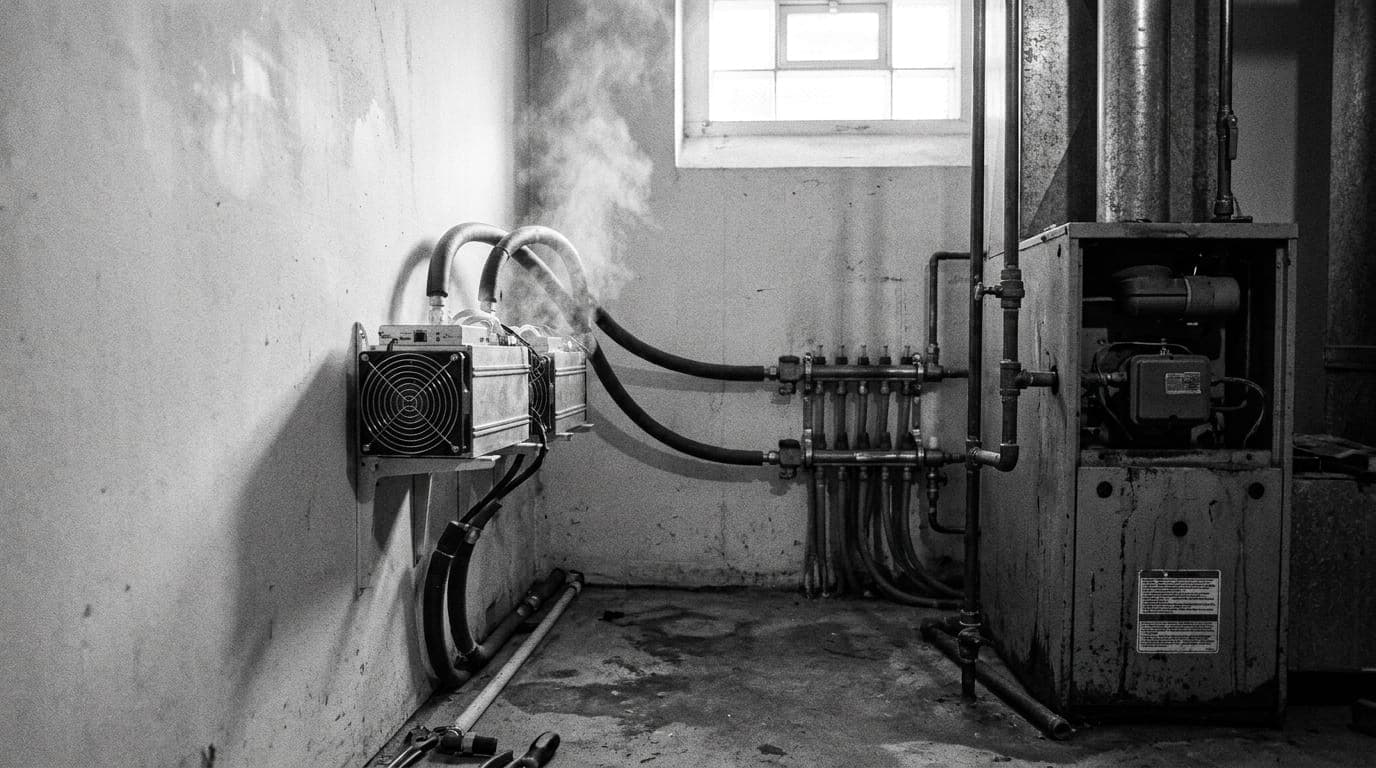 A hydro-cooled Bitcoin miner plumbed into a home heating manifold in a basement utility room, with the existing gas furnace still in place