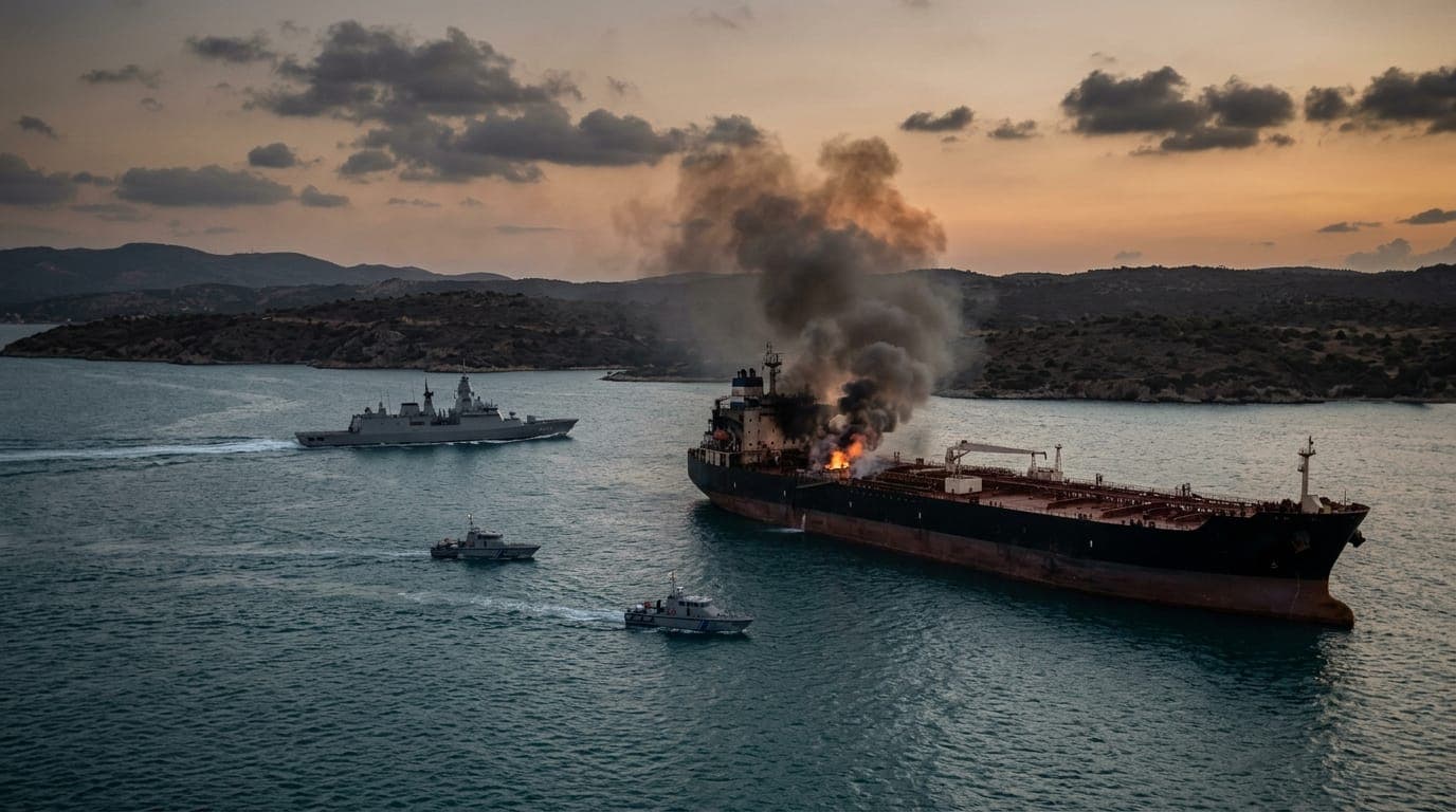 A massive oil tanker sits low in the blue-green waters of a narrow strait at golden hour, dark smoke curling from its midship section against a hazy sky, while a gray naval frigate cuts a