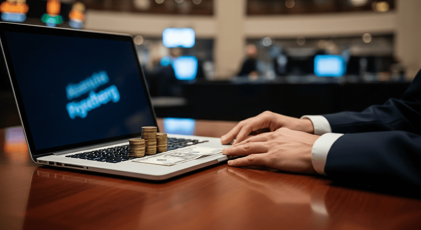 A financial trader's hands rest on a polished mahogany desk beside a sleek silver laptop, its screen casting cool blue light across a small stack of gold coins and a single crisp banknote