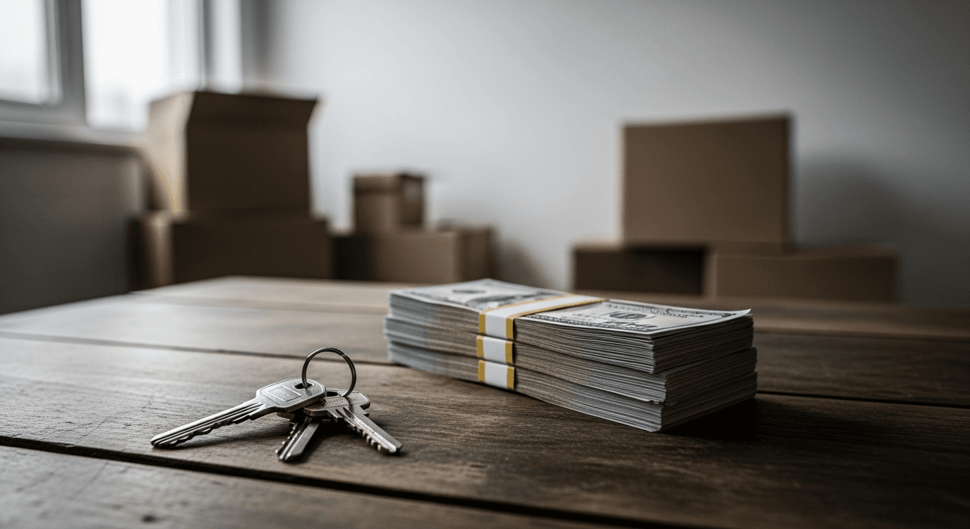 A worn wooden kitchen table holds a small pile of house keys on a metal ring beside a neatly stacked bundle of cash, with a blurred background of cardboard moving boxes and bare white walls