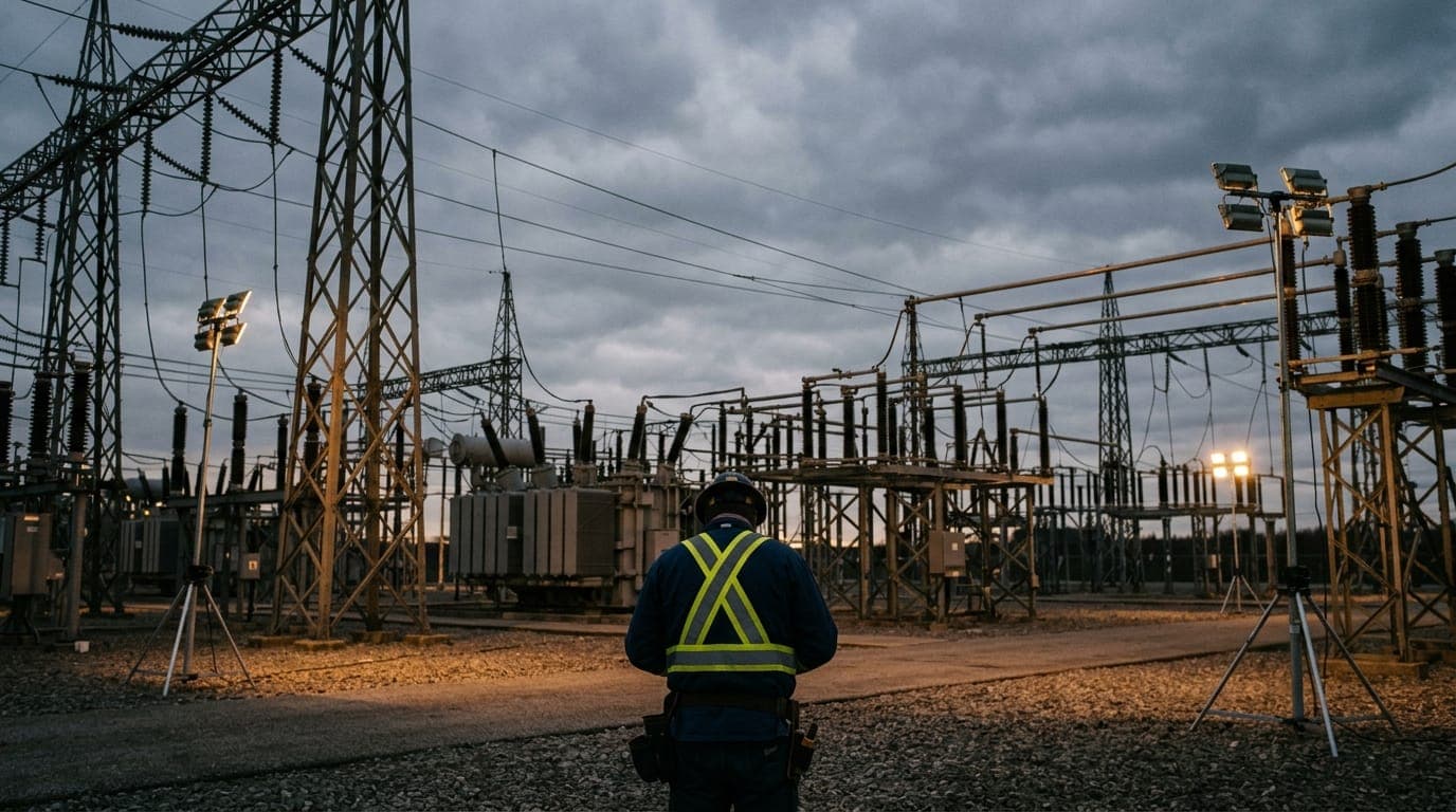 A lone technician in a high-visibility vest stands with their back to the camera amid a sprawling coal-grey power substation at dusk, banks of transformer towers and high-voltage cables