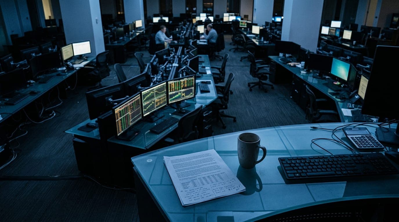 A trading floor seen from above bathed in cool blue monitor glow, rows of dark terminals reflecting cascading green and amber price charts, a single printed document resting on a glass desk