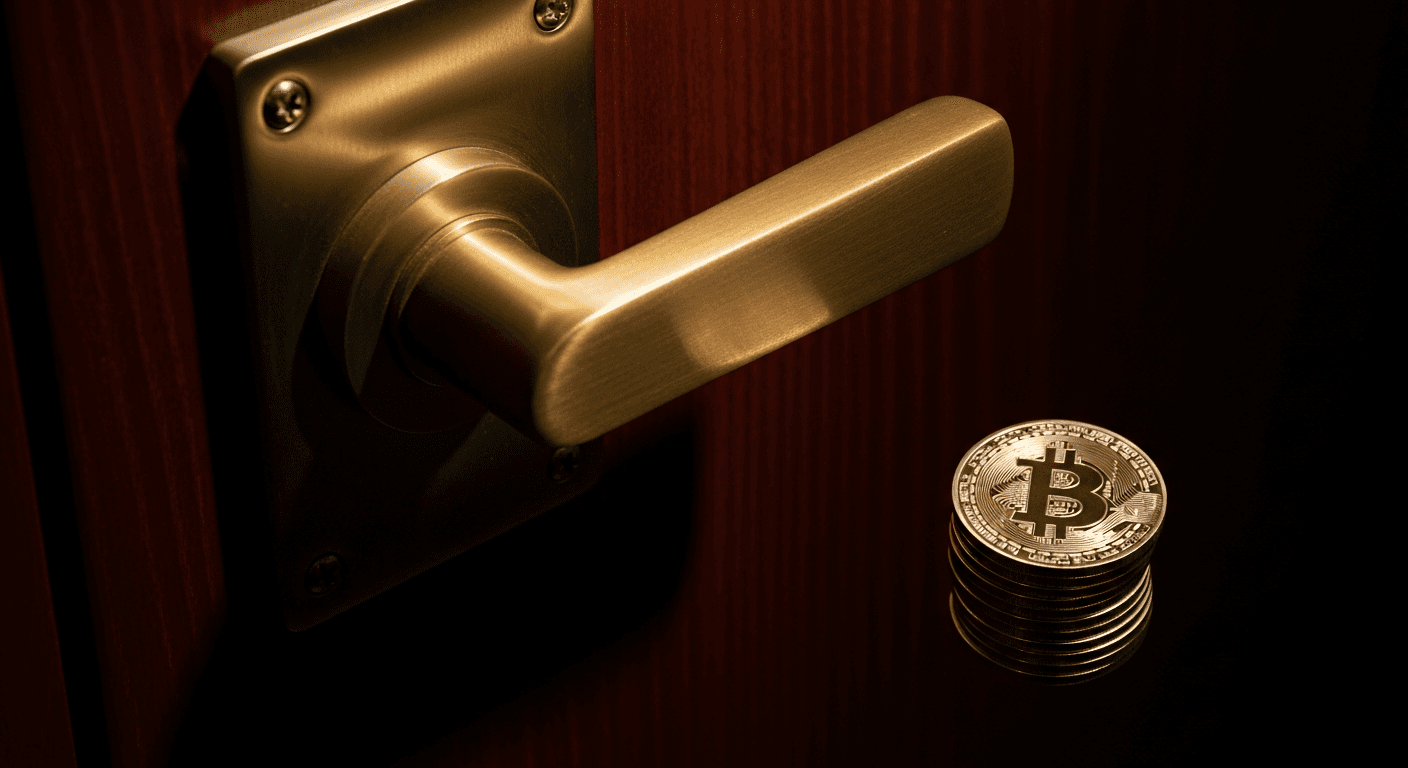 A heavy gold-toned door handle on a dark mahogany vault door sits beside a small stack of physical bitcoin commemorative coins, shot under harsh directional tungsten light that casts deep