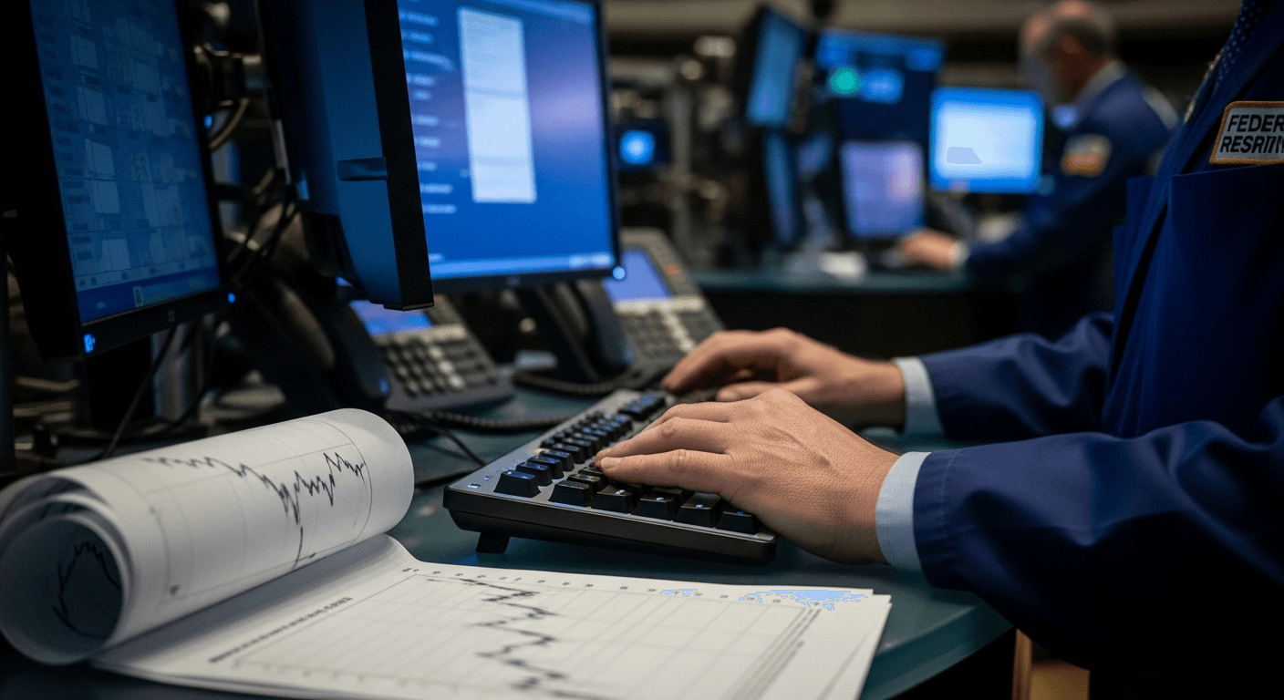 A Federal Reserve trading floor terminal glows with cooling blue light as a trader's hands rest motionless on an idle keyboard, a paper printout of declining graph lines curling at its edge