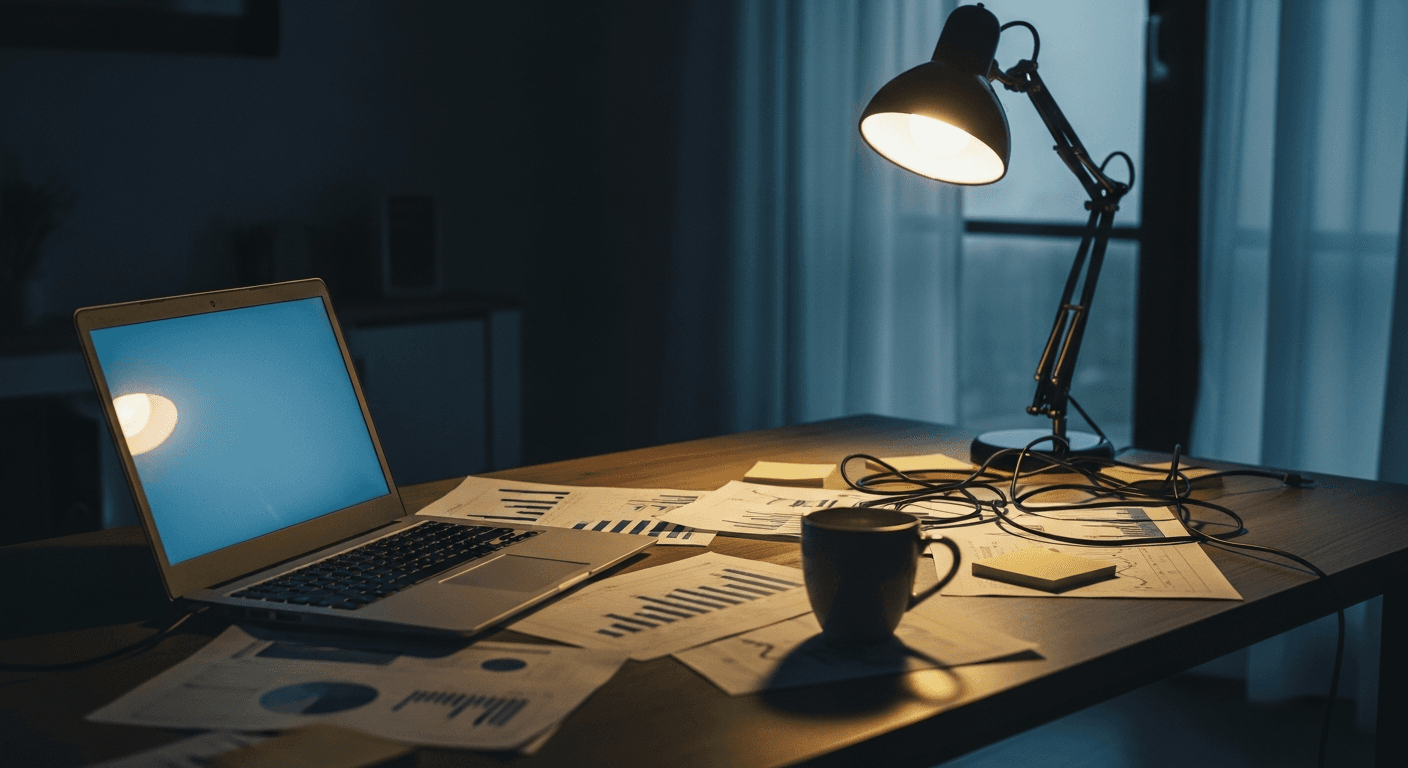 A lone open laptop sits on a cluttered wooden desk in a dimly lit home office, its screen casting a cold blue glow across scattered printed documents and a half-empty coffee mug, with a