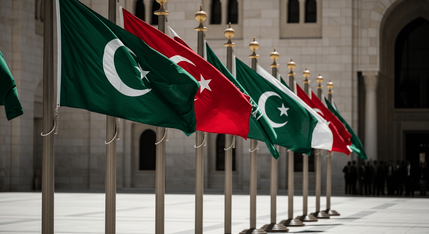 A row of national flags — green with crescent, red with star and crescent, and forest-green with white crescent — hang side by side on tall ceremonial poles in a sun-bleached marble