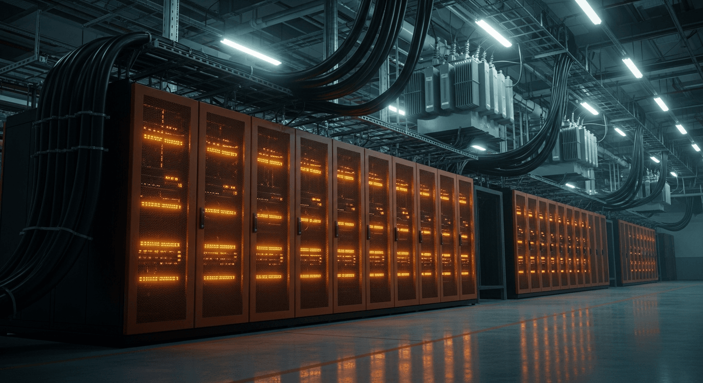 A stack of glowing orange server racks stretches deep into a vast industrial data center, their blinking amber status lights reflecting off a polished concrete floor, while thick black power