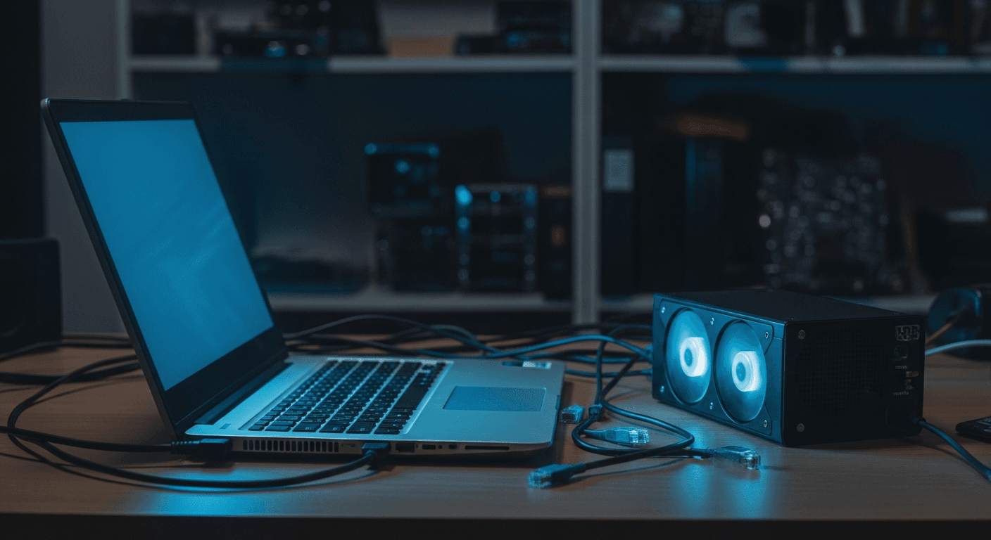 A glowing laptop computer sitting open on a cluttered wooden desk beside a tangle of ethernet cables and a compact external GPU enclosure, its cooling fans visibly spinning, bathed in the