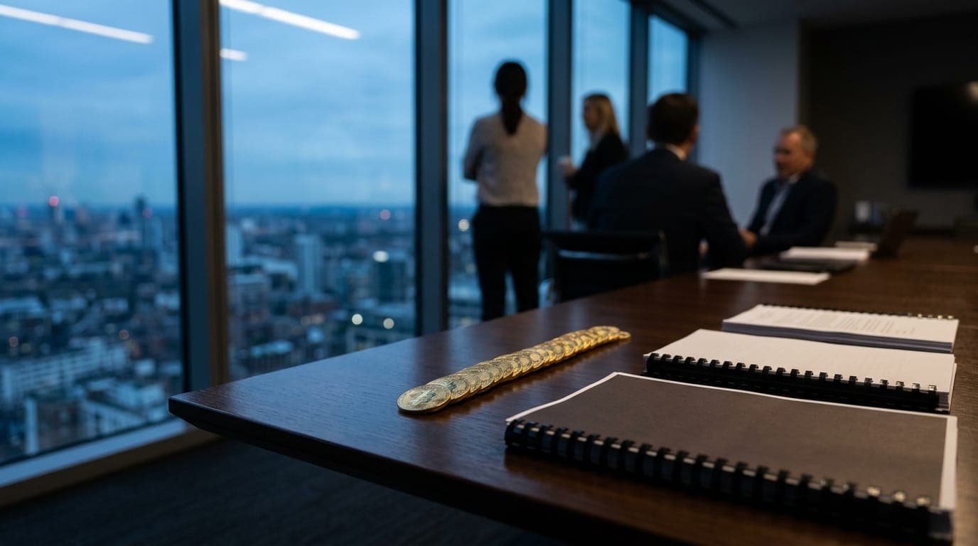 A row of gleaming physical gold-toned coin replicas arranged on a polished dark conference table beside stacks of neatly bound documents, bathed in the cool blue-white light of a