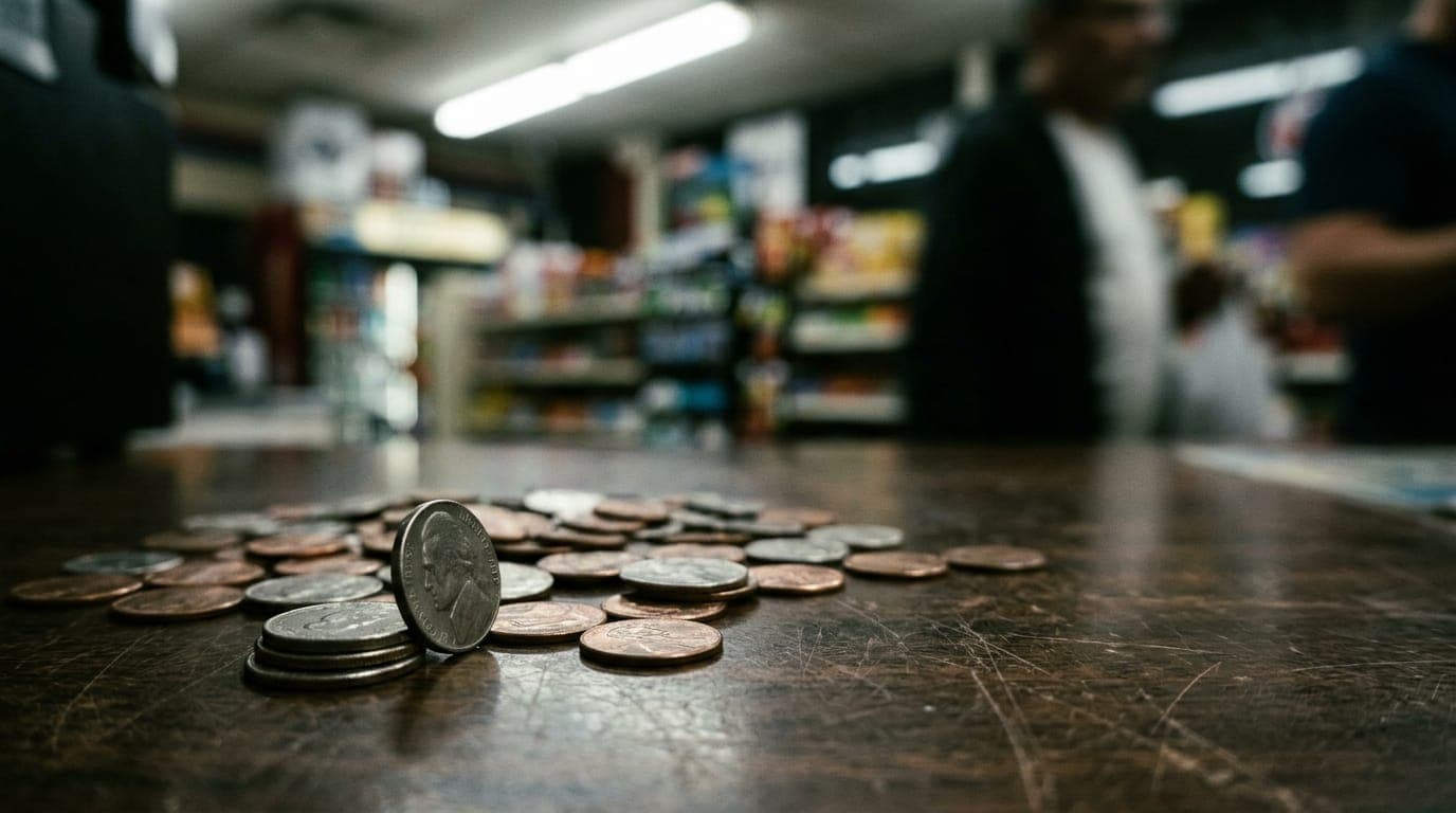 A shallow pile of dull copper pennies and silver nickels lies scattered across a worn wooden counter under harsh fluorescent light, a single nickel balanced upright against a small stack of