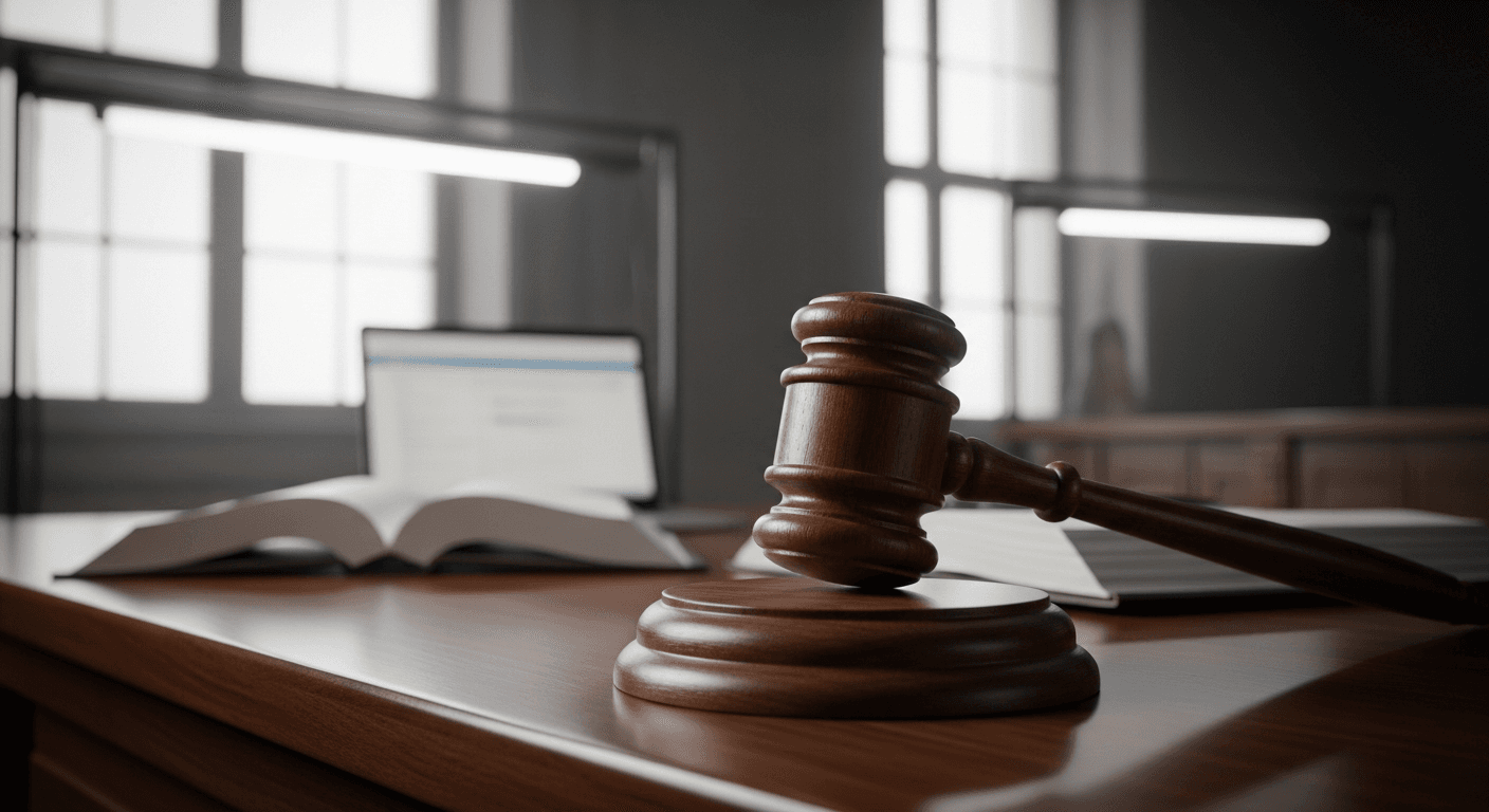 A close-up of a worn wooden courtroom gavel resting on its striker block atop a polished mahogany bench, bathed in the cool fluorescent light filtering through frosted courthouse windows