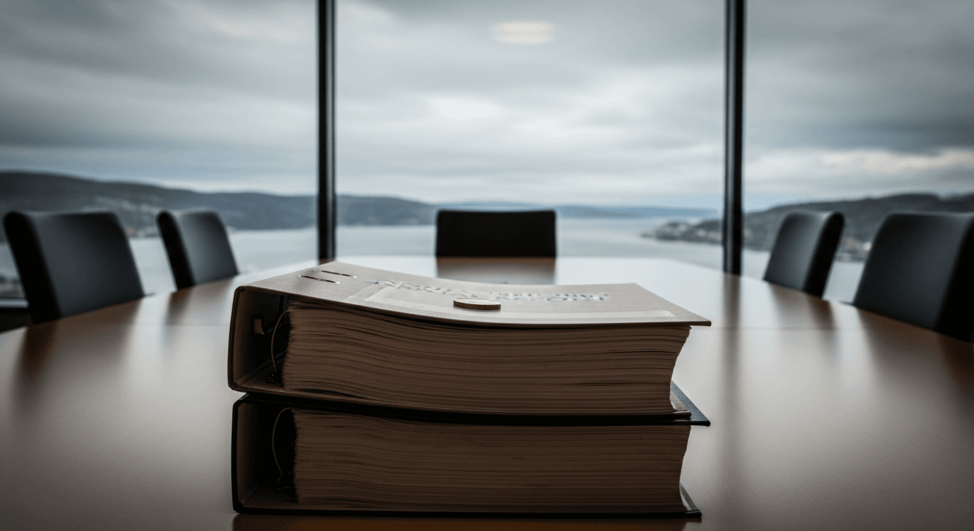 A stack of glossy annual report binders sits on a polished conference table in a glass-walled Oslo high-rise office, the grey Nordic fjord visible through the floor-to-ceiling windows behind