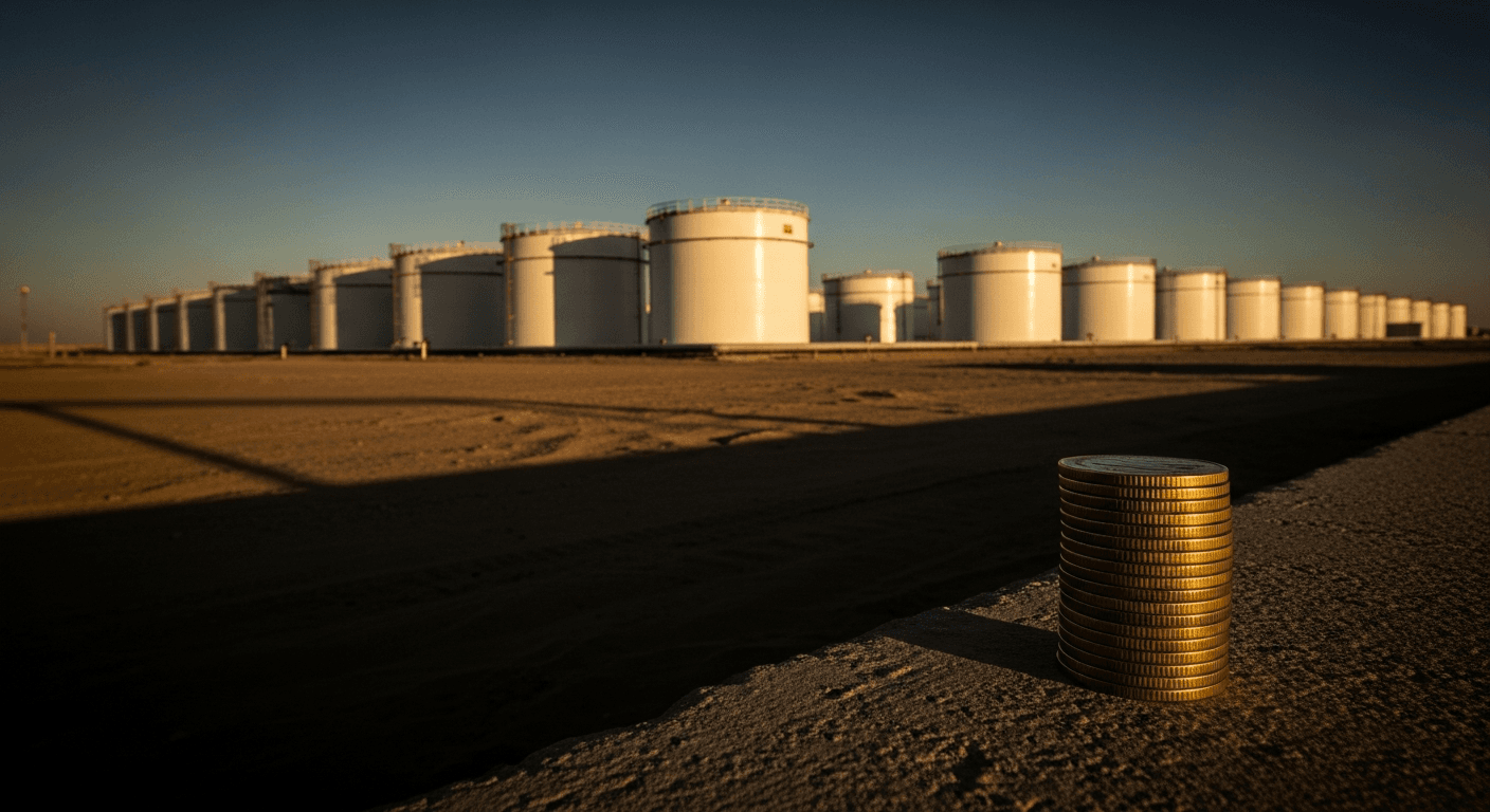 A row of gleaming oil storage tanks stretches across a desert horizon at golden hour, their white cylindrical bodies casting long shadows across the sand while a single stack of minted gold