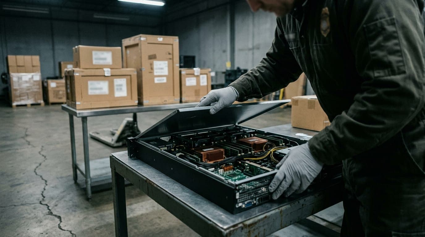 A customs inspector in latex gloves carefully lifts the cover panel of a dismantled server chassis under harsh fluorescent warehouse lighting, revealing rows of densely packed circuit boards