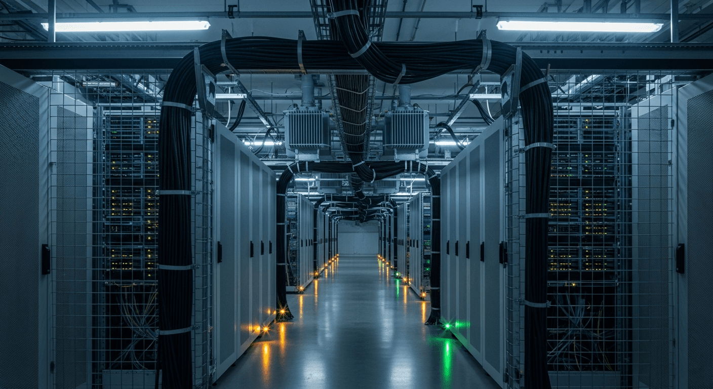 Rows of humming server racks stretch into the distance inside a cavernous, dimly lit data center, their blinking amber and green indicator lights casting a faint glow across the polished