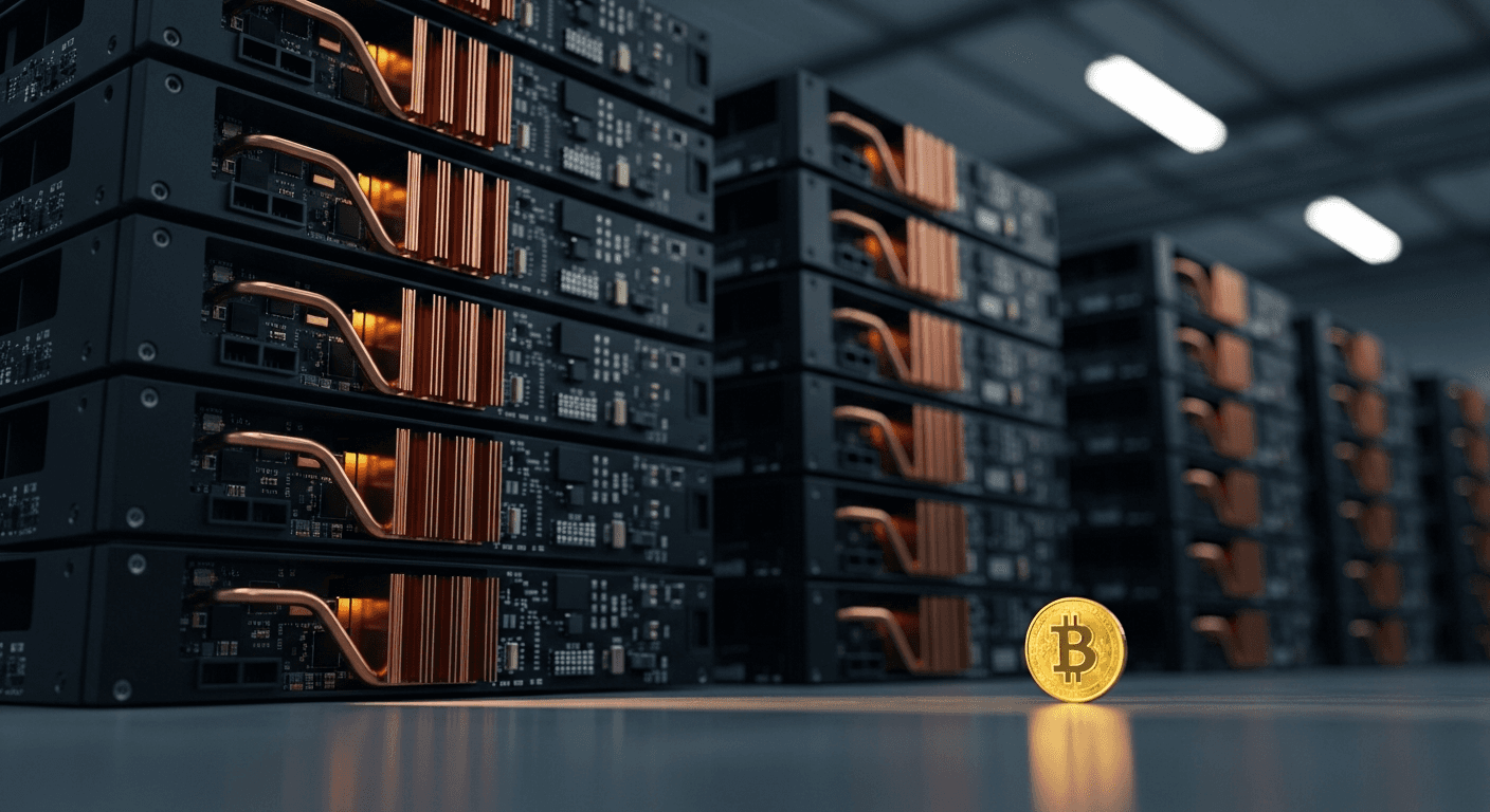 A towering stack of matte-black circuit boards with rows of gleaming copper heat sinks catches harsh overhead warehouse fluorescent light, while in the soft-focus foreground a single gold