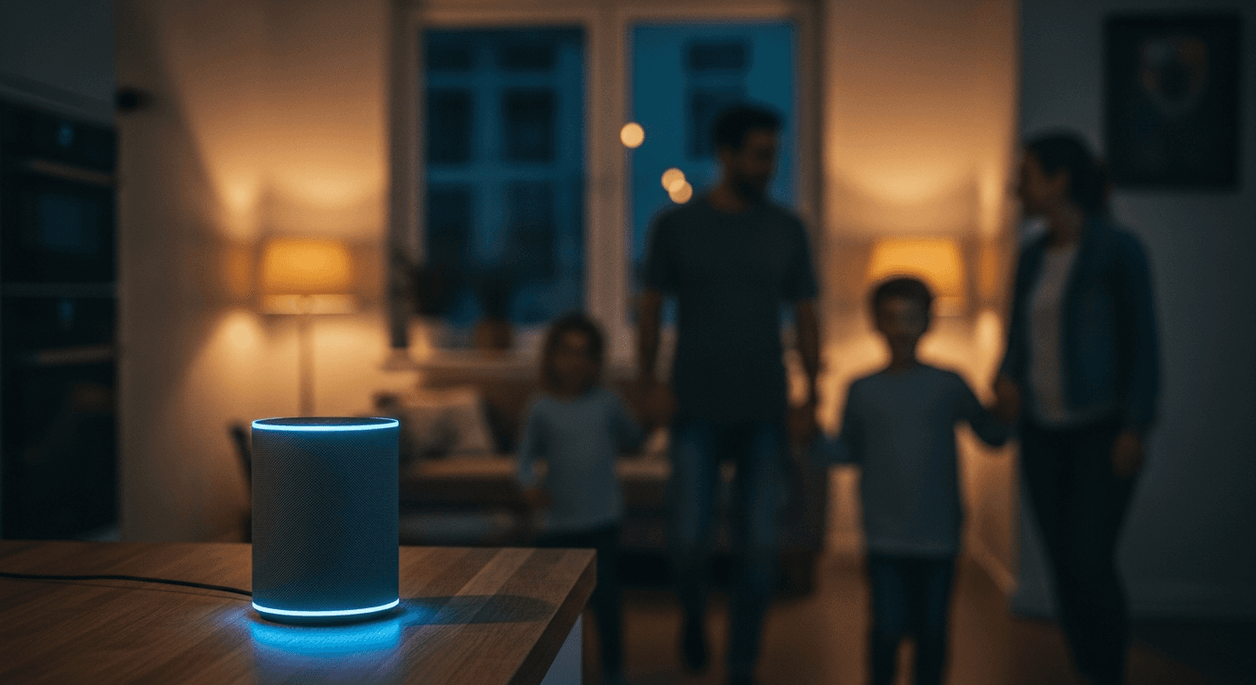 A sleek cylindrical smart speaker sits on a wooden kitchen counter bathed in cool blue ambient light, its faint LED ring glowing softly while an out-of-focus family moves through the