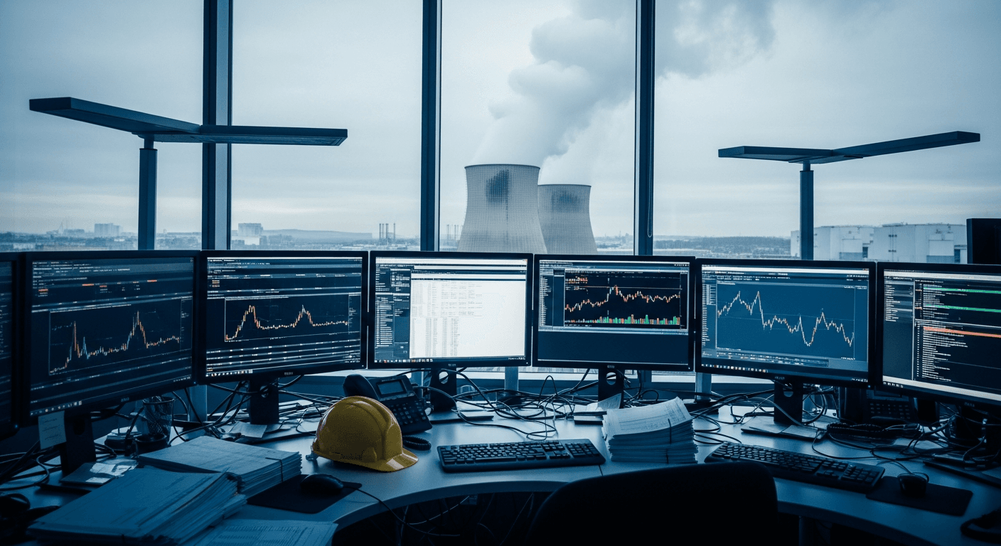 A power trader's desk bathed in cool blue monitor glow, cluttered with printed spreadsheets, a hardhat, and a tangled mess of ethernet cables, while through the floor-to-ceiling window