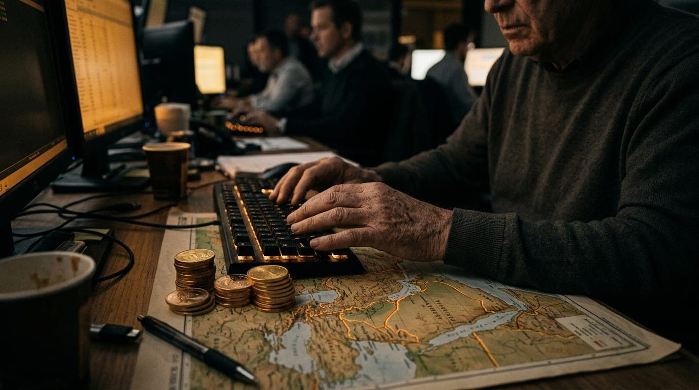 A weathered trader's hands hover over a illuminated keyboard in a dim trading floor, golden candlelight-style monitor glow reflecting off stacked physical gold coins and a printed map of the