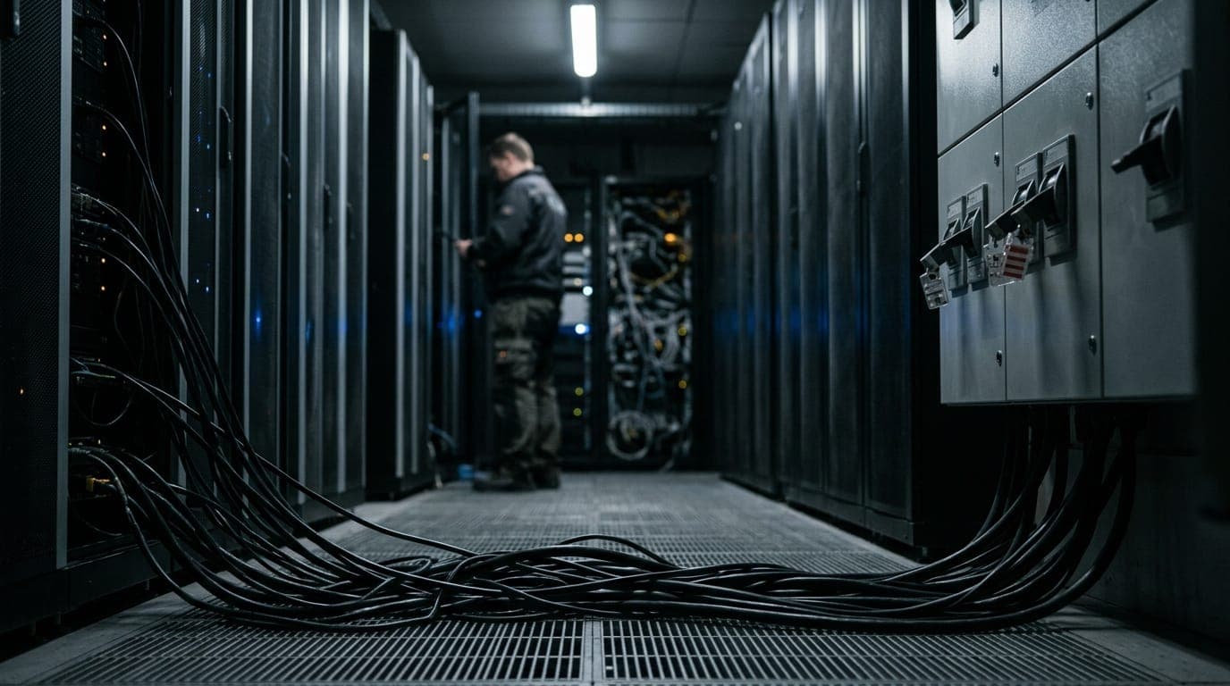 A tangle of thick black power cables snakes across a raised metal floor inside a dimly lit industrial data center, where rows of humming server racks cast a faint blue glow onto a