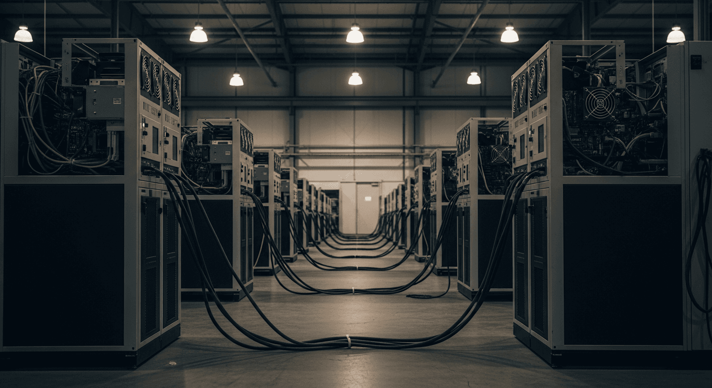 A row of humming ASIC mining rigs sits dark and powered down inside a cavernous industrial warehouse, their indicator lights extinguished, thick black power cables hanging limp against