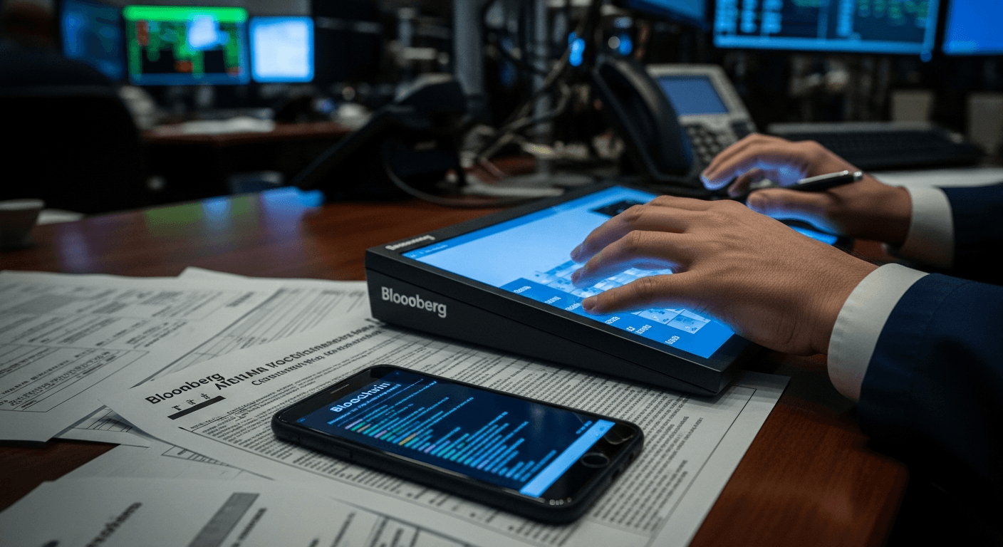 A trader's hands hover over a glowing Bloomberg terminal in a dimly lit financial operations room, its blue light reflecting off a polished mahogany desk scattered with printed regulatory