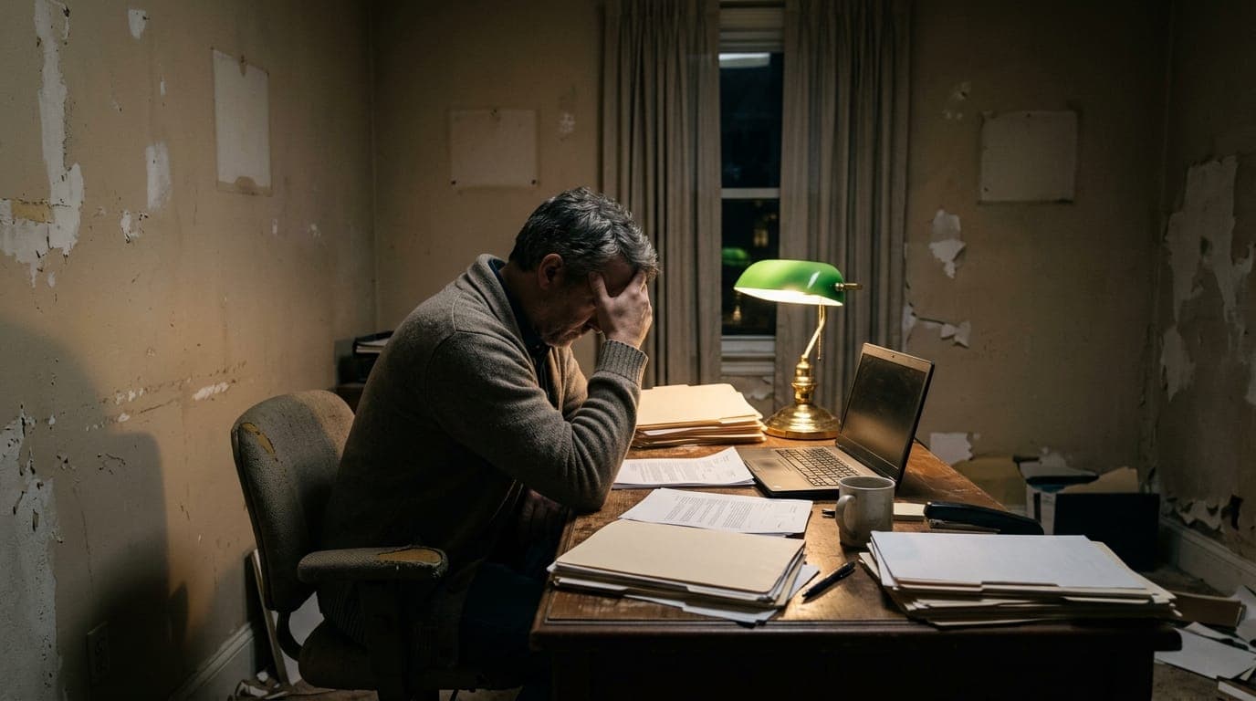 A lone small-business owner sits hunched over a cluttered wooden desk in a dimly lit home office, stacks of legal papers and manila folders spread beneath a single lamp's warm glow, a