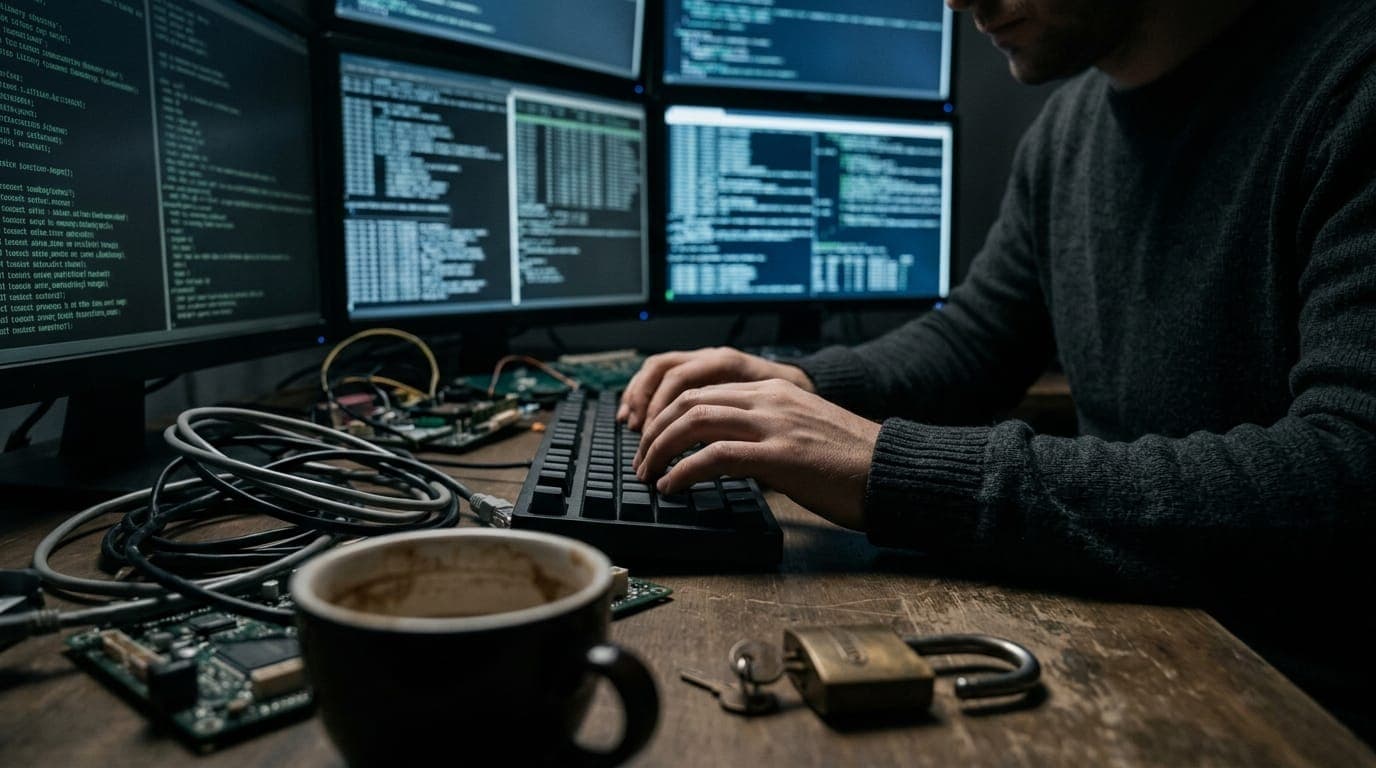 A researcher's hands hover over a mechanical keyboard on a cluttered desk strewn with printed circuit boards and coiled ethernet cables, bathed in the cold blue glow of multiple monitors