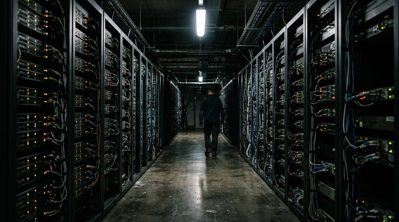 A towering server rack corridor stretches into the distance inside a dimly lit data center, its blinking amber and green indicator lights casting faint reflections on the polished concrete