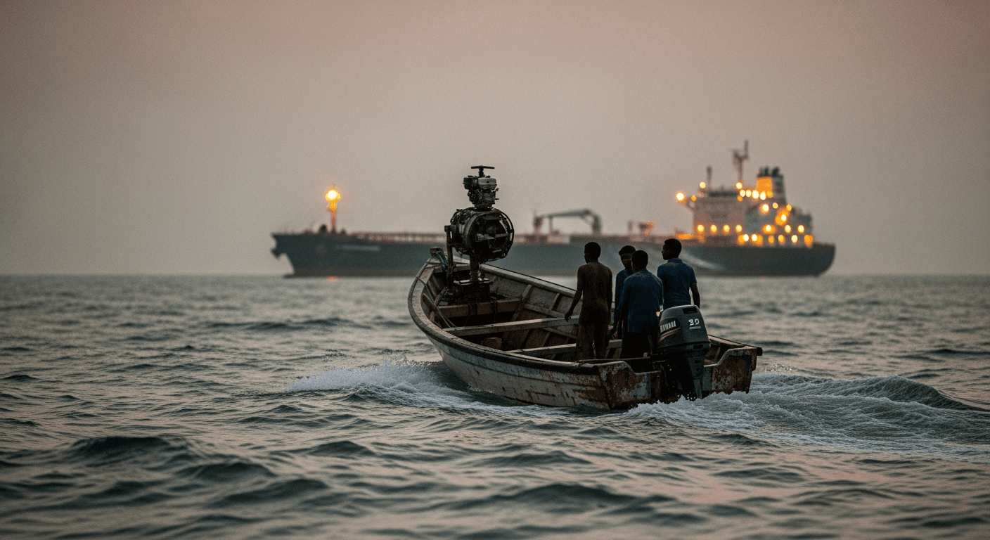 A weathered Somali skiff with a mounted outboard motor cuts across choppy grey-green Indian Ocean swells at dusk, its rusted hull silhouetted against the amber glow of a massive oil tanker's