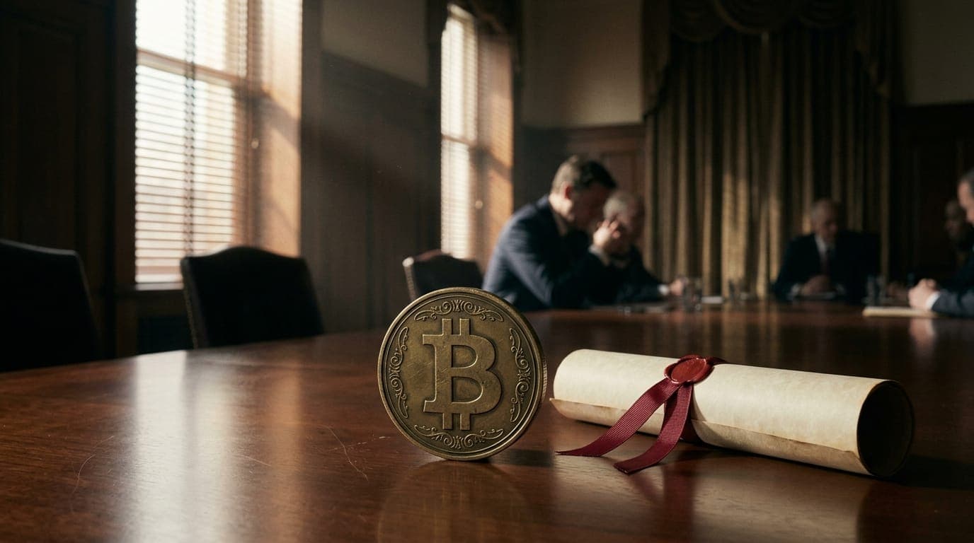 A large physical bitcoin coin rests on a polished mahogany conference table beside a rolled document tied with a red ribbon, shot in warm late-afternoon window light filtering through