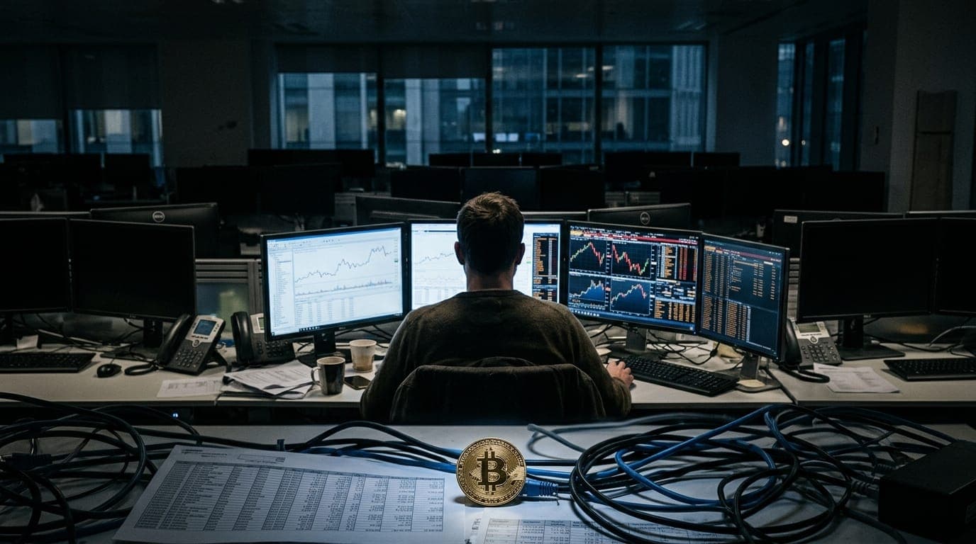 A lone trader sits with back to camera at a cluttered desk surrounded by multiple glowing monitors displaying cascading financial charts, the room lit only by the cold blue light of the