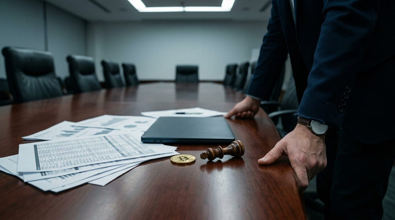 A trader's hands grip the edge of a polished mahogany conference table scattered with printed spreadsheets and a closed laptop, while a physical gold-colored bitcoin coin rests beside an
